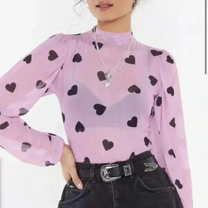 Nasty Gal Puff Sleeve Heart Print Bodysuit Size 0 Pink Long Sleeve